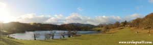 Loughrigg Tarn with Langdale Pikes behind, Lake District, mountains