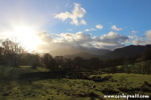 Langdale Pikes from direction of Loughrigg Tarn, Lake District, mountains