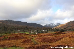 Elterwater with Langdale Pikes behind, mountains