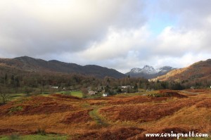 Elterwater with Langdale Pikes behind, mountains