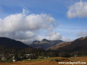 Langdale Pikes from above Elterwater, training aircraft, mountains