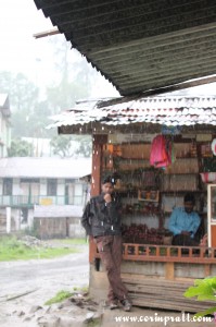 Stall owners in the rain, Yuksom, Sikkim, India