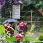 School children in the rain, Yuksom, Sikkim, India