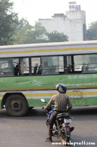 Roundabout, motorbike, bus, traffic, New Delhi